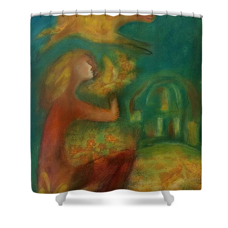 Portrait Shower Curtain featuring the painting A song of flowers and sky by Suzy Norris