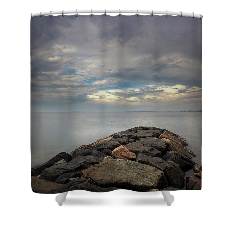 Jetty Shower Curtain featuring the photograph A storm from the west by Steve Gravano