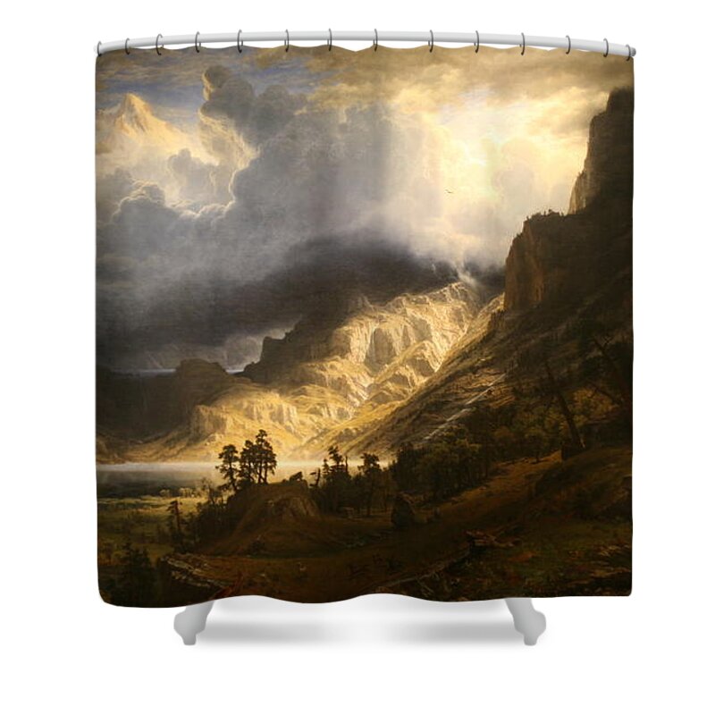 Wla_brooklynmuseum_a_storm_in_the_rocky_mountains. Sun Lighting Shower Curtain featuring the painting A Storm in the Rocky Mountains by MotionAge Designs
