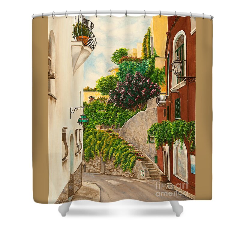 Italy Street Painting Shower Curtain featuring the painting A Street in Positano by Charlotte Blanchard