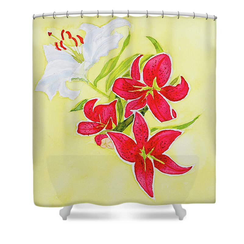 Bouquet Shower Curtain featuring the painting A study of Lilies by Dorothy Darden