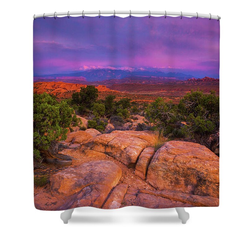 Arches National Park Shower Curtain featuring the photograph A Sunset Over Arches by John De Bord