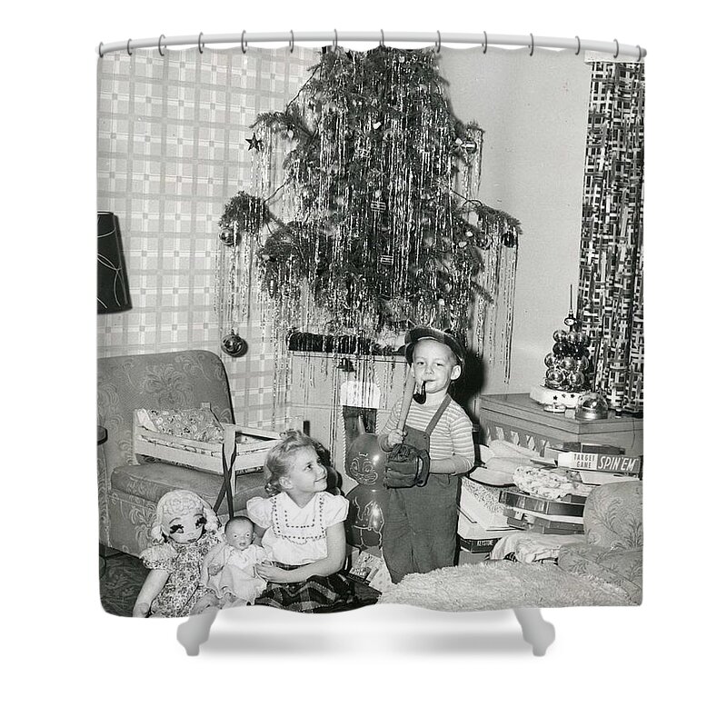A Traditional Shower Curtain featuring the photograph A traditional Christmas American scene early 30 50 photograph by Vintage Collectables