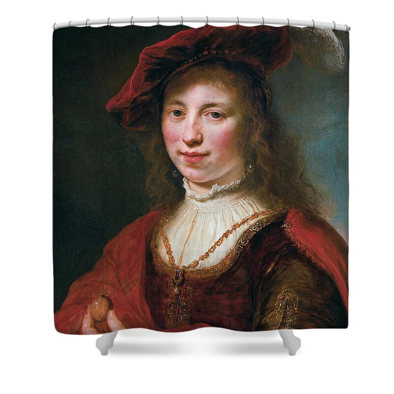 Govert Flinck Shower Curtain featuring the painting A Tronie of a young woman by Govert Flinck