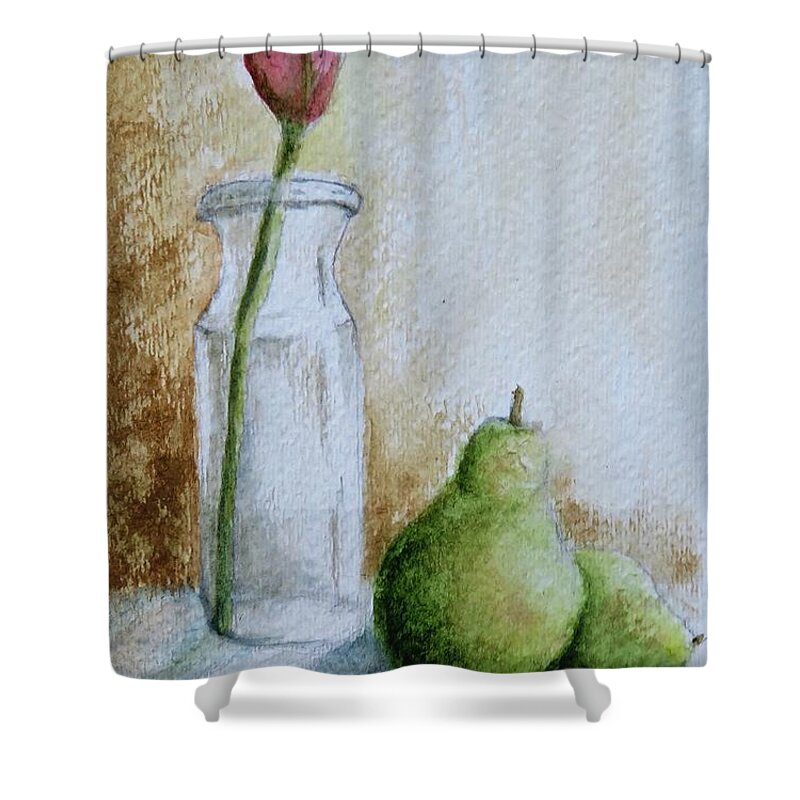 Tulip Shower Curtain featuring the painting A Tulip and Two Pears by Laurie Morgan