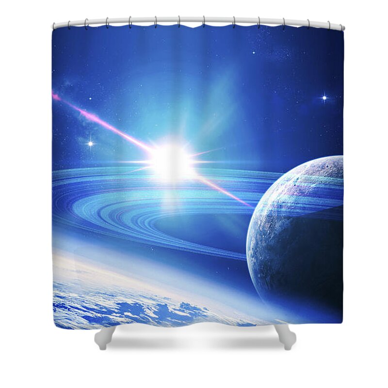 No People Shower Curtain featuring the digital art A View Of A Planet As It Looms In Close by Kevin Lafin