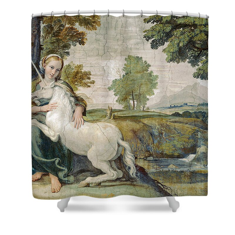 Domenichino Shower Curtain featuring the painting A Virgin with a Unicorn by Domenichino