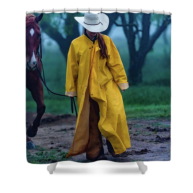 Cowgirl Shower Curtain featuring the photograph A Walk in the Rain by Pamela Steege