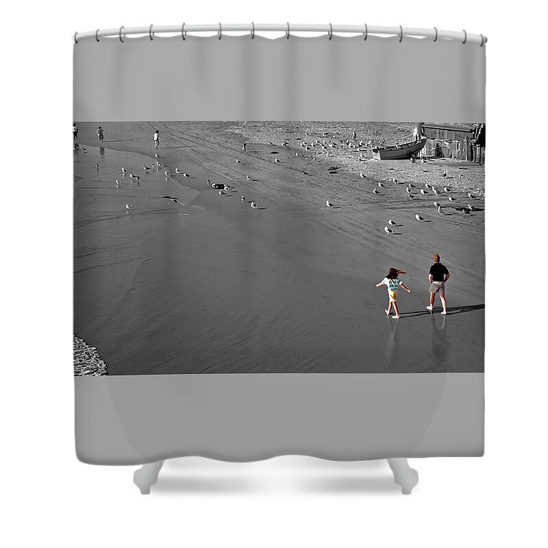 A Walk On The Beach With Dad Shower Curtain featuring the photograph A Walk on the Beach with Dad by Kris Rasmusson