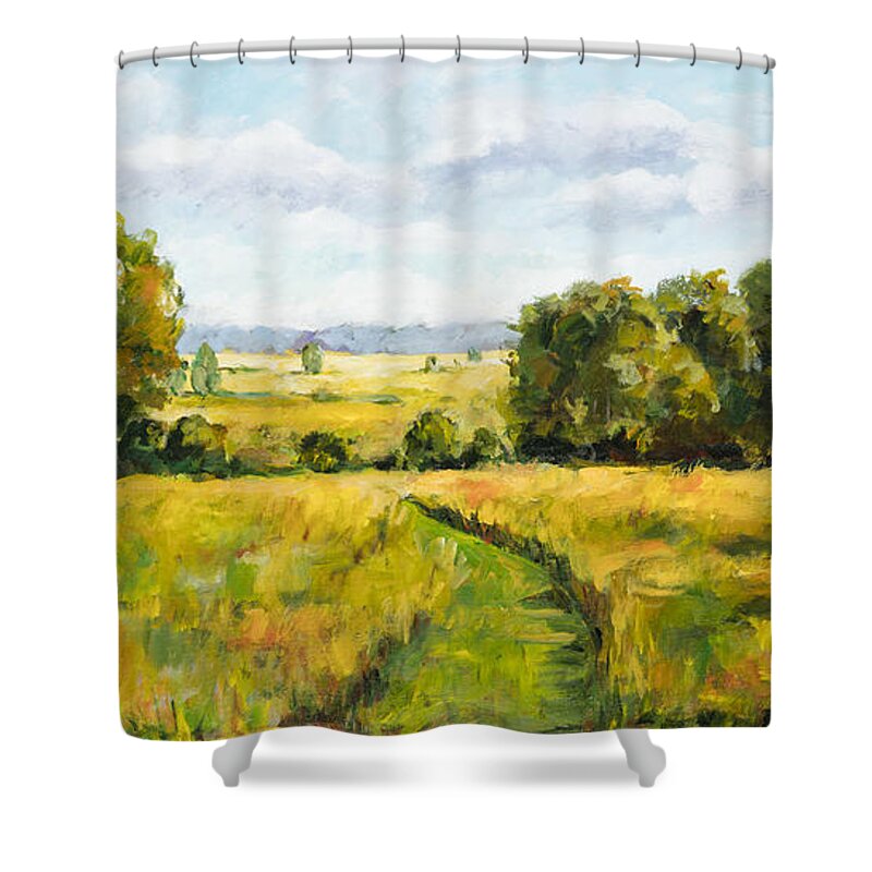 Landscape Shower Curtain featuring the painting A Walk thru the Fields by Ingrid Dohm