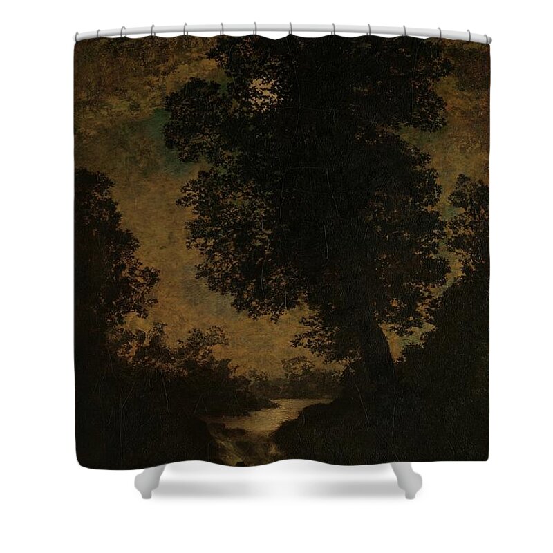 A Waterfall Shower Curtain featuring the painting A Waterfall, Moonlight by Ralph Albert