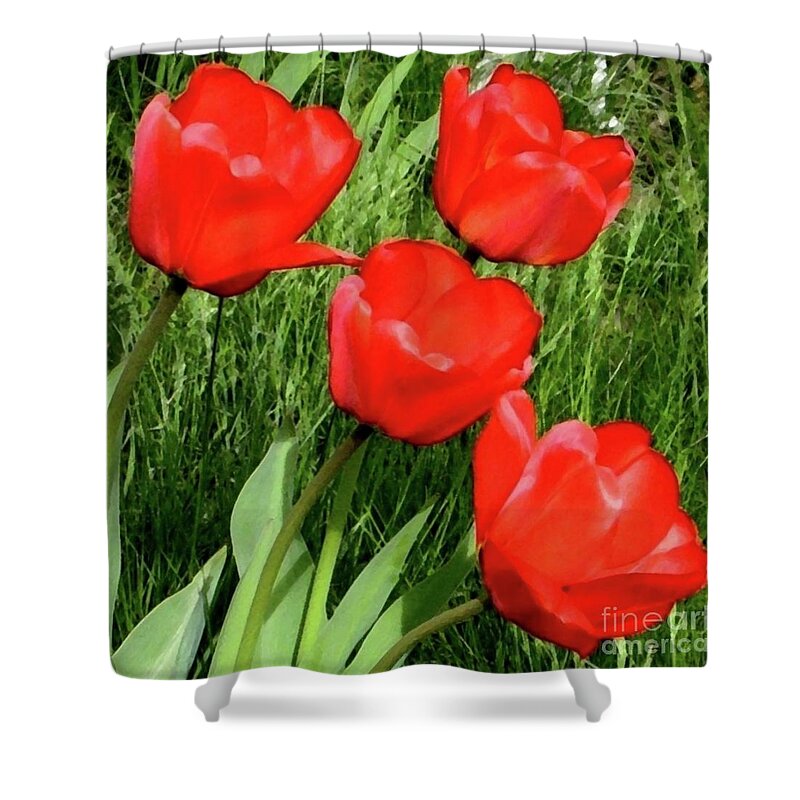 Four Red Tulips Shower Curtain featuring the photograph A Welcome Surprise by Hazel Holland