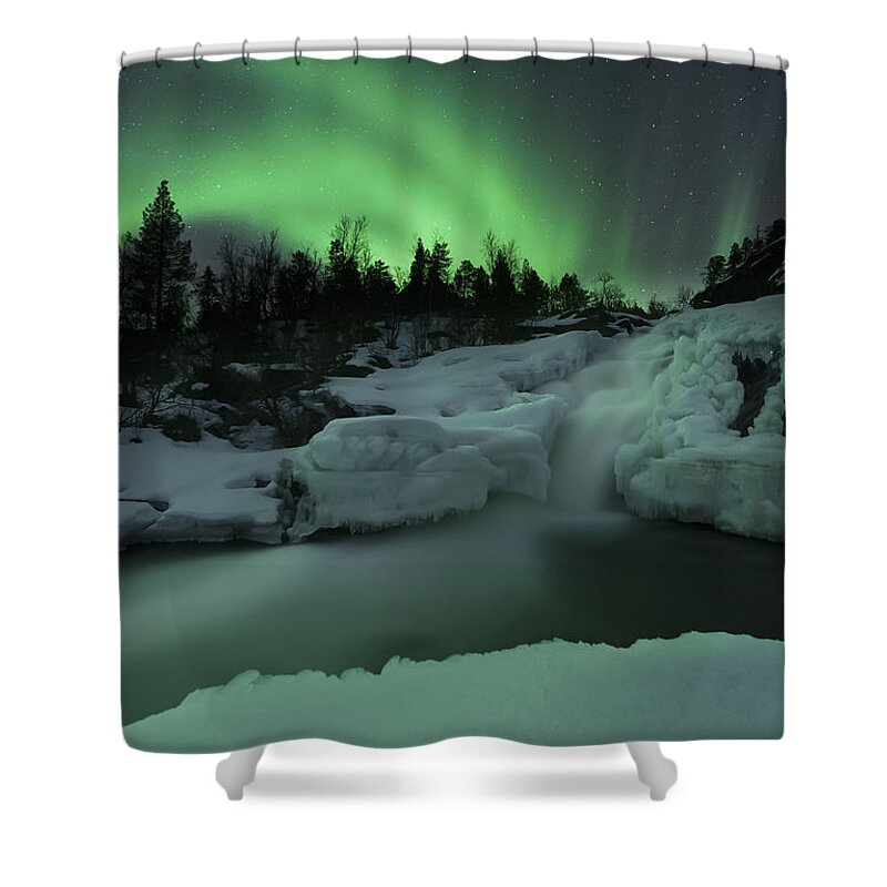 Green Shower Curtain featuring the photograph A Wintery Waterfall And Aurora Borealis by Arild Heitmann