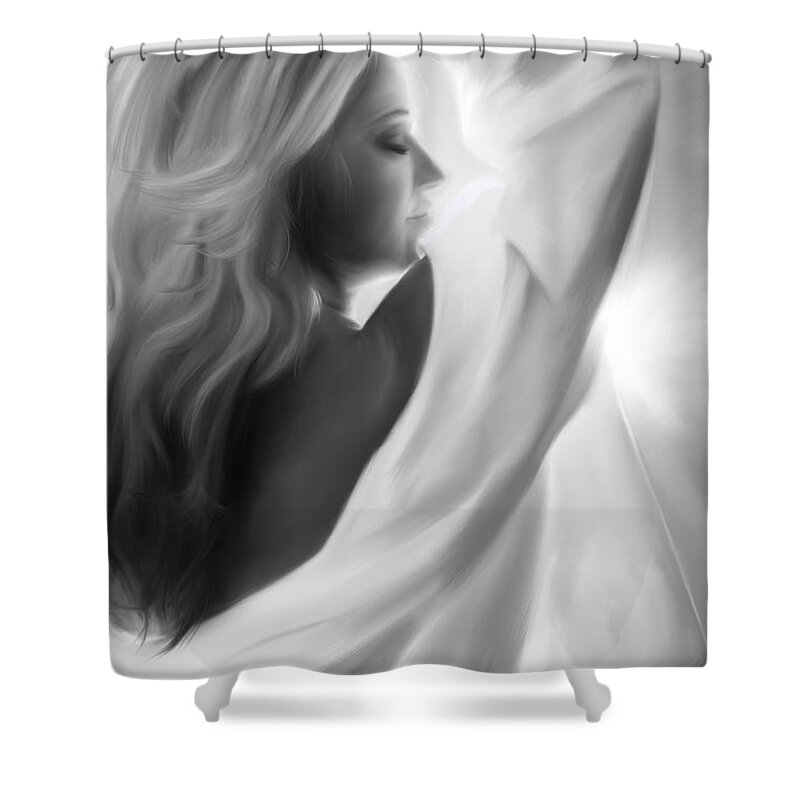 Attractive Shower Curtain featuring the digital art A woman in a man's shirt by Debra Baldwin