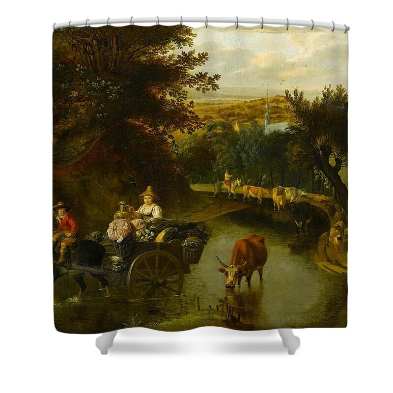 Jan Siberechts Shower Curtain featuring the painting A Wooded Landscape with Peasants in a Horse by MotionAge Designs