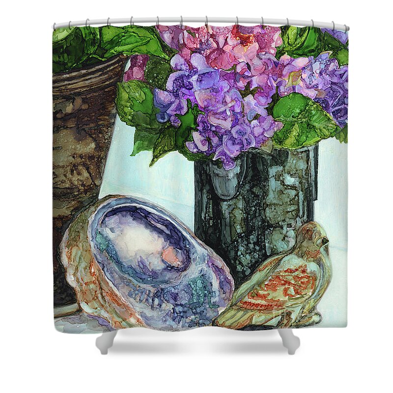 Abalone Shower Curtain featuring the painting Abalone, Hydrangea and Bird by Vicki Baun Barry