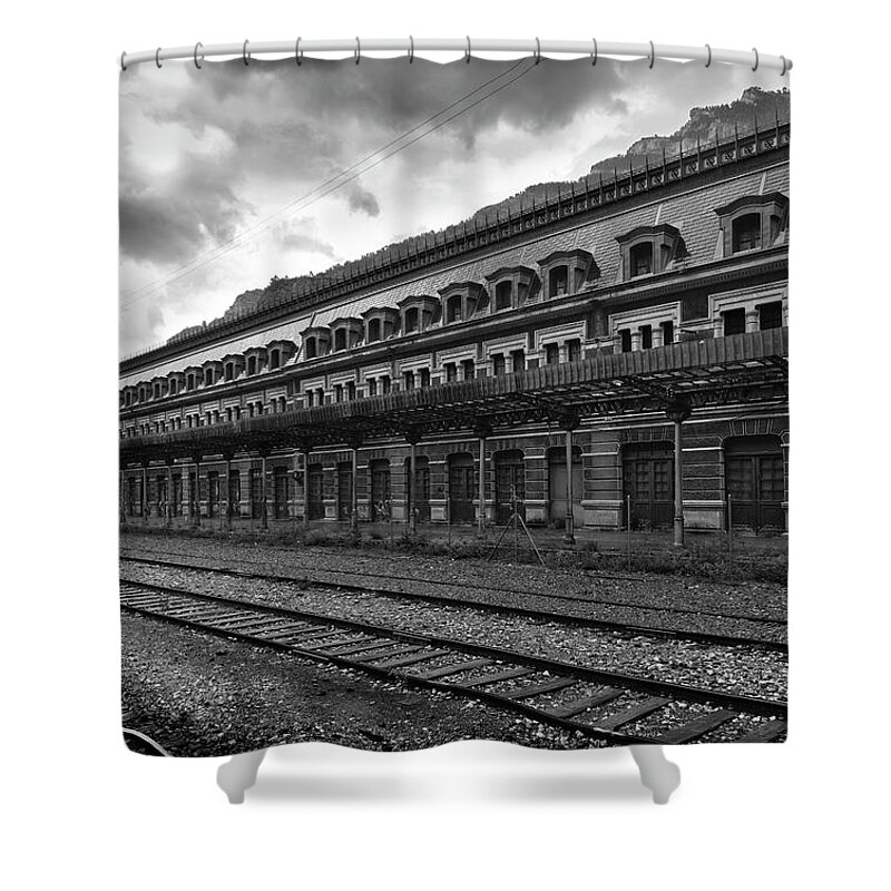 Canfranc Shower Curtain featuring the photograph Abandoned Canfranc international railway station BW by RicardMN Photography