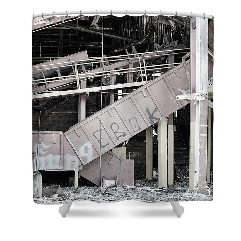 Black White Monochrome Abandoned Factory Abandoned Decrepit Old Burn Burned Shower Curtain featuring the photograph Abandoned Factory No 1 1887 by Ken DePue