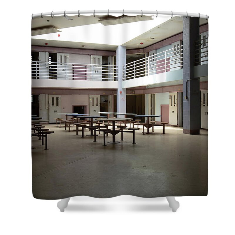 America Shower Curtain featuring the photograph Abandoned jail common room in cell block by Karen Foley