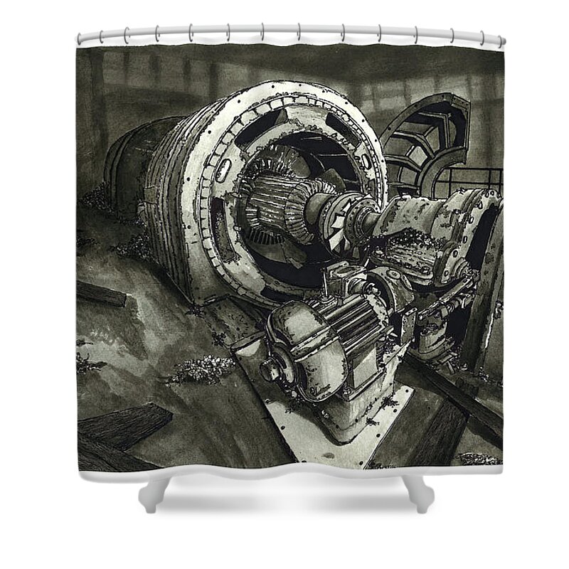 Pen And Ink Shower Curtain featuring the drawing Abandoned Machinery by Jonathan Baldock