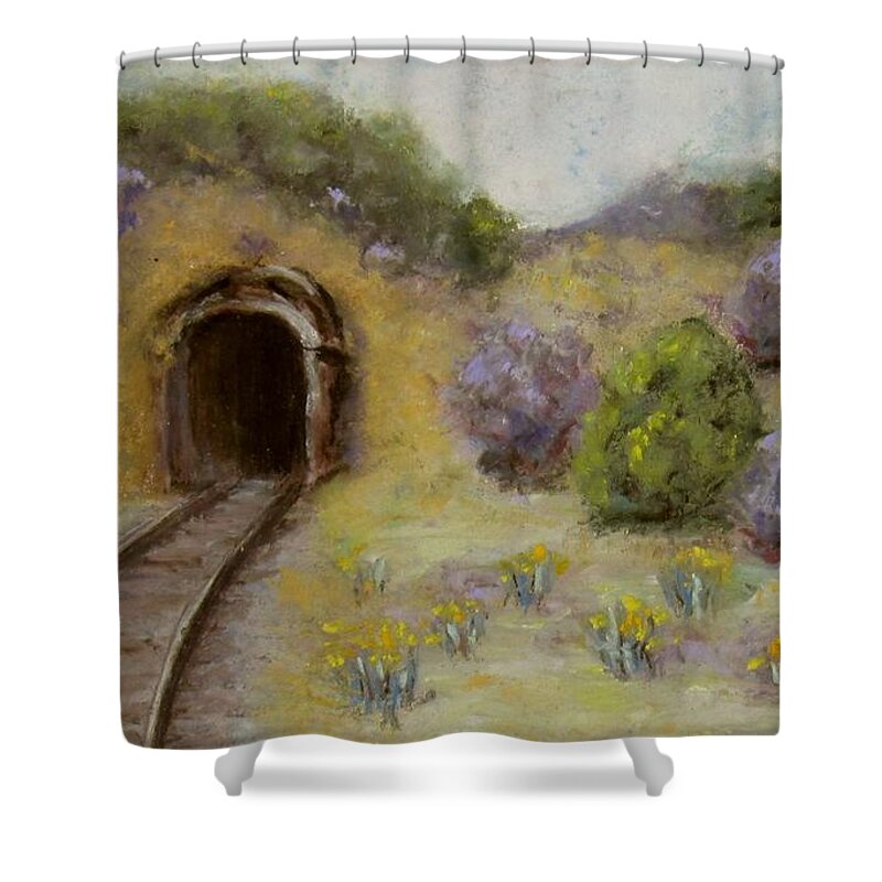 Mine Shower Curtain featuring the pastel Abandoned Mine by Laurie Morgan