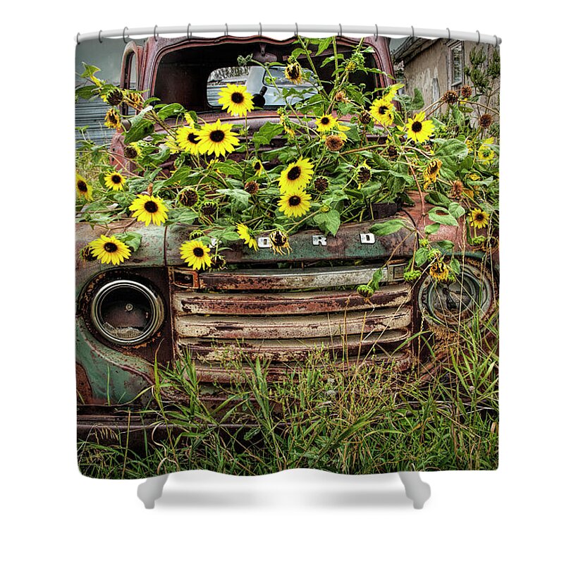Art Shower Curtain featuring the photograph Abandoned Old Ford Truck with Yellow Flowers in the Ghost Town by Okaton South Dakota by Randall Nyhof