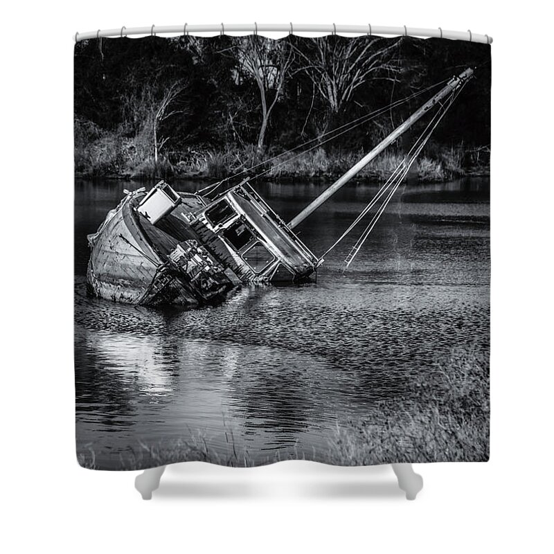 Waterscape Shower Curtain featuring the photograph Abandoned Ship in Monochrome by Donald Brown
