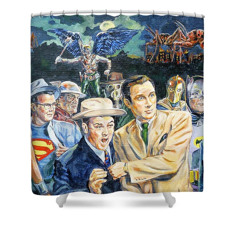 Bud Abbott Shower Curtain featuring the painting Abbott and Costello Meet the Justice Society of America by Bryan Bustard