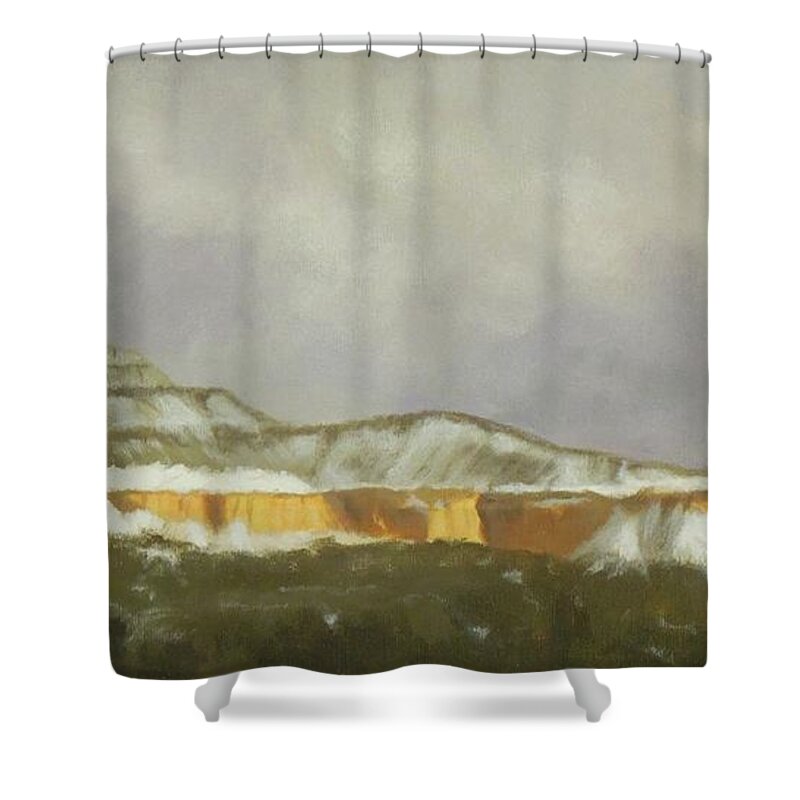 Northern New Mexico Shower Curtain featuring the painting Abiquiu Band of Gold by Phyllis Andrews