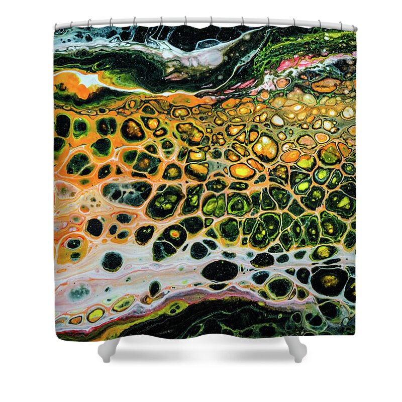Red Shower Curtain featuring the painting Abstract cellular painting by Lilia S