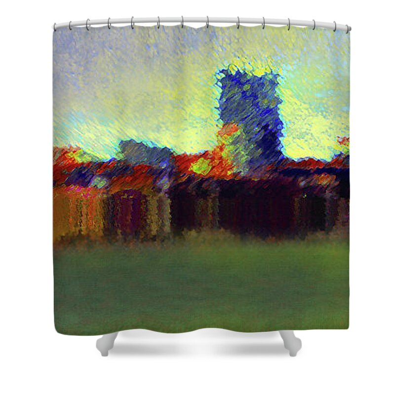 Art Shower Curtain featuring the digital art Abstract City Painting #1 by Miss Pet Sitter