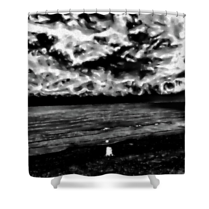 Beach Shower Curtain featuring the photograph Abstract Cloudy Beach in Black and White by Gina O'Brien