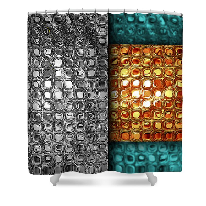 Abstract Shower Curtain featuring the digital art Abstract Metallic Grid - Silver Gold Turquoise - Panoramic by Jason Freedman
