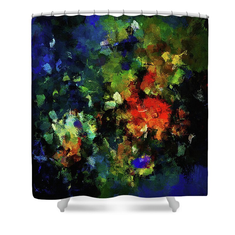 Abstract Shower Curtain featuring the painting Abstract Painting in Dark Blue Tones by Inspirowl Design