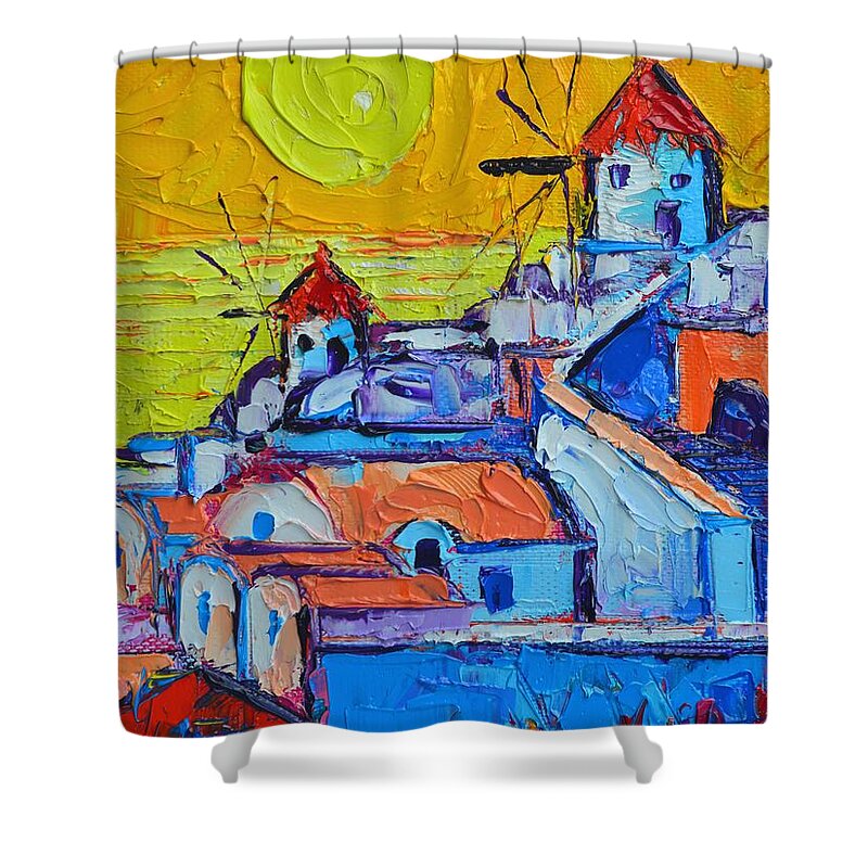 Santorini Shower Curtain featuring the painting Abstract Santorini Sunset Oia Windmills by Ana Maria Edulescu