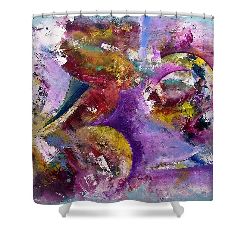 Abstract Painting Shower Curtain featuring the painting Abstract Sun, Moon and Stars Collide by Gray Artus