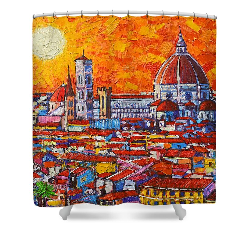 Italy Shower Curtain featuring the painting Abstract Sunset Over Duomo In Florence Italy by Ana Maria Edulescu