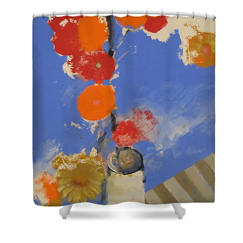 Abstract Painting Shower Curtain featuring the painting Abstracted Flowers in Ceramic Vase by Cliff Spohn