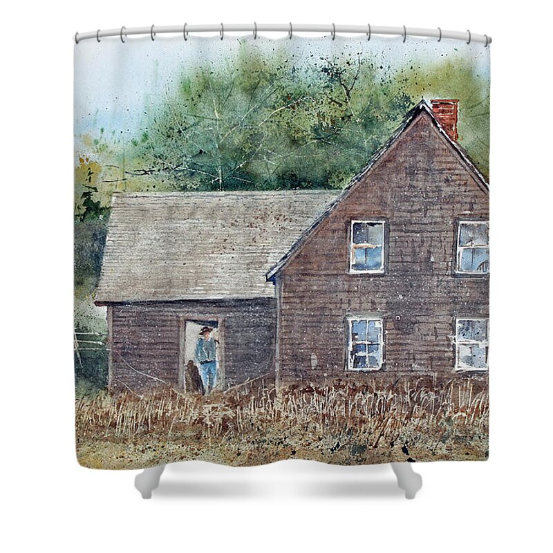 A Farmer Stands In The Doorway Of An Old Weathered House At The Acadian Historical Village Near Caraquet Shower Curtain featuring the painting Acadia House by Monte Toon