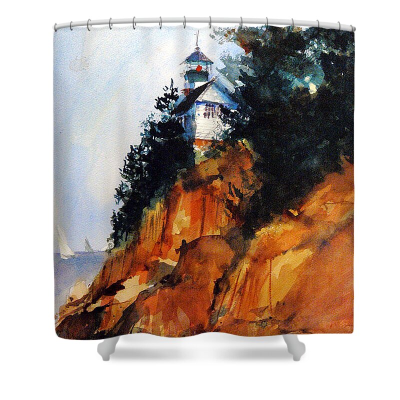 Acadia. Acadian Shower Curtain featuring the painting Acadian Lighthouse by Charles Rowland