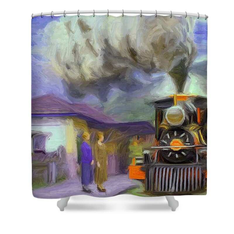 Train Shower Curtain featuring the digital art Acarau Steam Train Station by Caito Junqueira