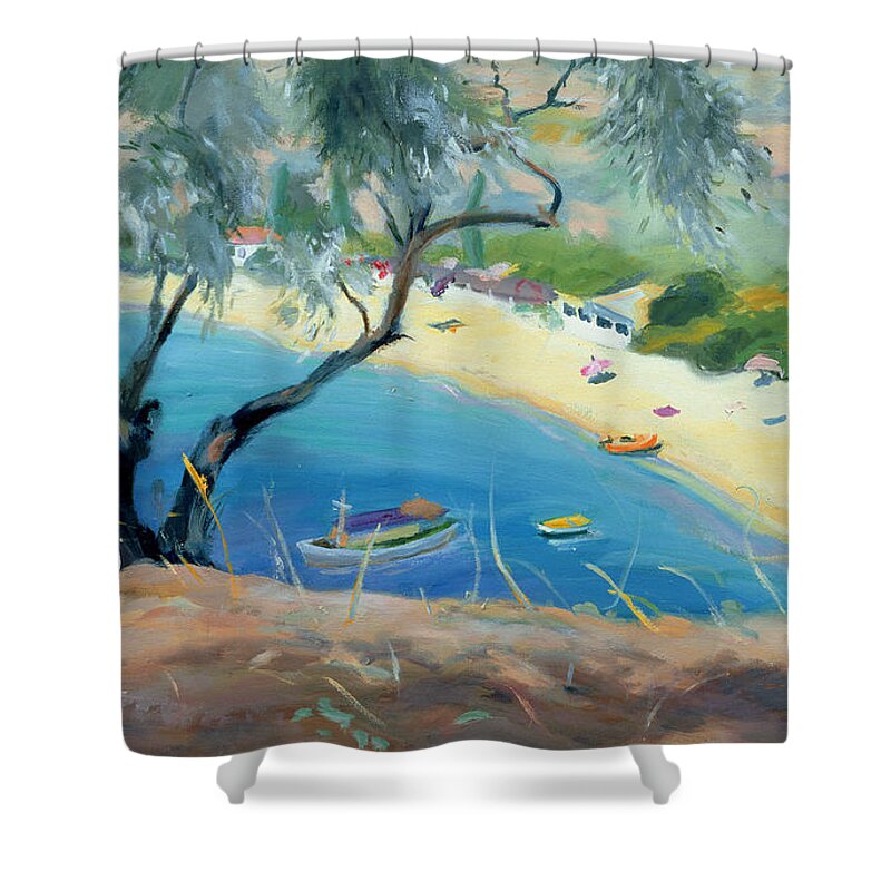 Landscape; Greek; Aegean; Beach Scene; Olive Tree; Boats Shower Curtain featuring the painting Achladies Bay - Skiathos - Greece by Anne Durham