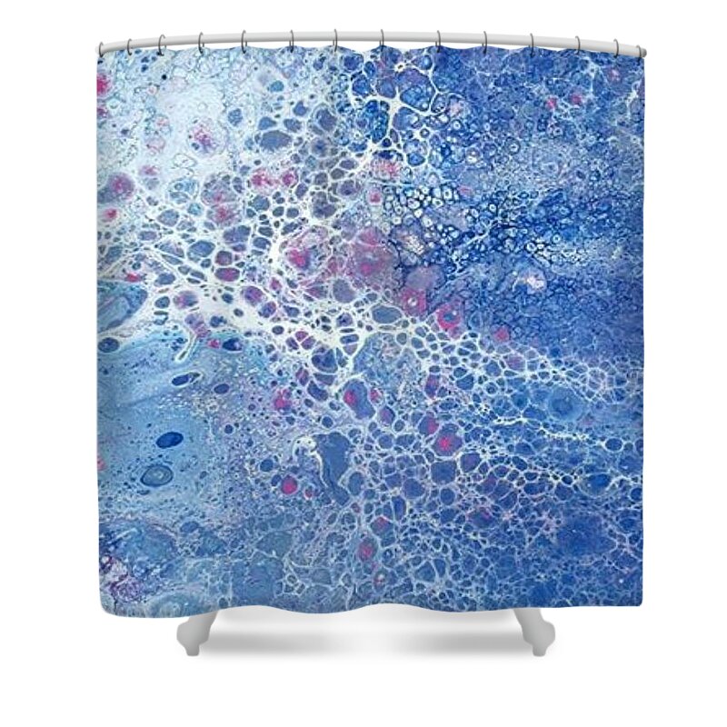 #acrylicdirtypour #artforsale #acrylicartforsale #originalartforsale #acrylicpaintings #abstractpaintings #acrylicdirtypourpaintings #fineartamerica.com #coolart Shower Curtain featuring the painting Acrylic Dirty Pour #21 using blue pink and white by Cynthia Silverman