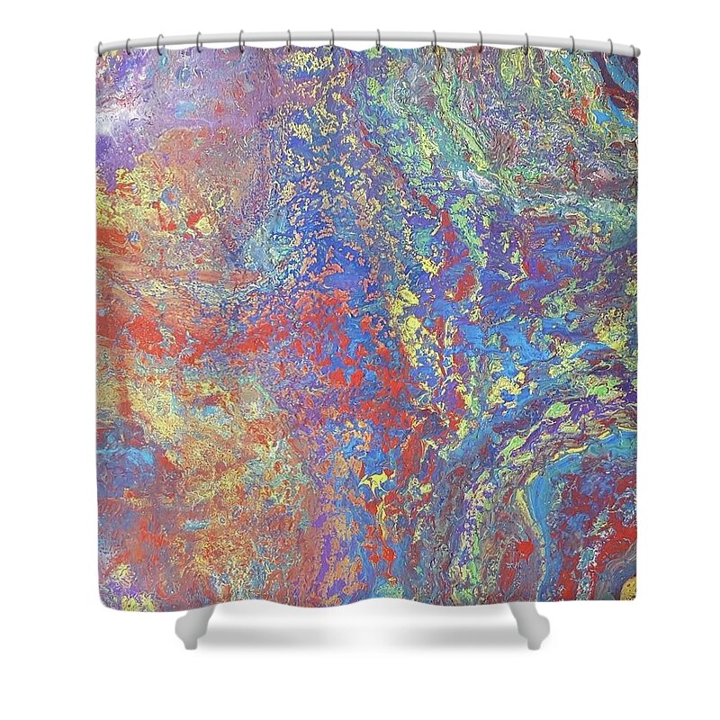 #acrylicpour #acrylicdirtypour #abstractpaintings #abstractacrylics #coolart #coolpaintings #sugarplumtheband #abstractrainbowcolors #abstractartforsale #camvasartprints #originalartforsale #abstractartpaintings Shower Curtain featuring the painting Acrylic Dirty Pour with Rainbow colors 12x12 by Cynthia Silverman