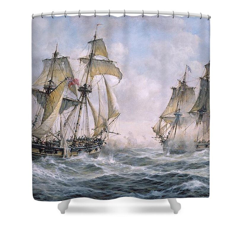 Seascape; Ships; Sail; Sailing; Ship; War; Battle; Battling; United States; Wasp; Brig Of War; Frolic; Sea; Water; Cloud; Clouds; Flag; Flags; Sloop; Action; Wave; Waves Shower Curtain featuring the painting Action Between U.S. Sloop-of-War 'Wasp' and H.M. Brig-of-War 'Frolic' by Richard Willis