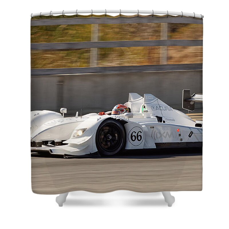 Darin Volpe Motorsports Shower Curtain featuring the photograph In The Lead - Acura ARX-02 Number 66 at Laguna Seca Raceway by Darin Volpe