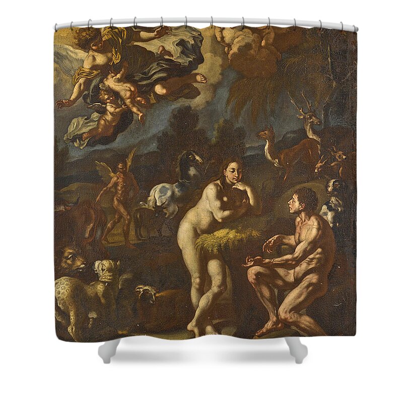 Follower Of Francesco Solimena Shower Curtain featuring the painting Adam and Eve by Follower of Francesco Solimena