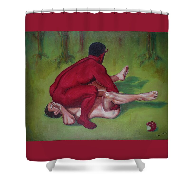 Erotic Shower Curtain featuring the painting Adam Tastes The Apple by Alex Abel