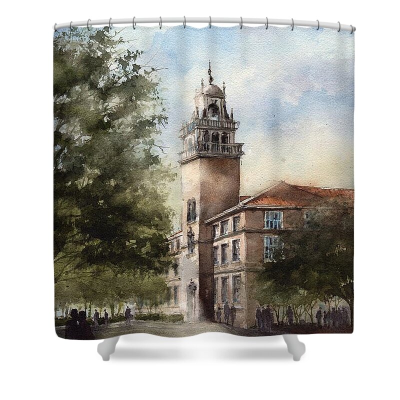 Bell Tower Shower Curtain featuring the painting Administration Building at Texas Tech University by Tim Oliver