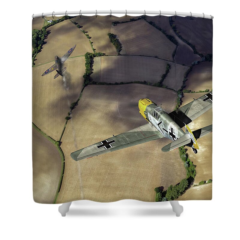 41 Squadron Shower Curtain featuring the photograph Adolf Galland attacking Spitfire by Gary Eason